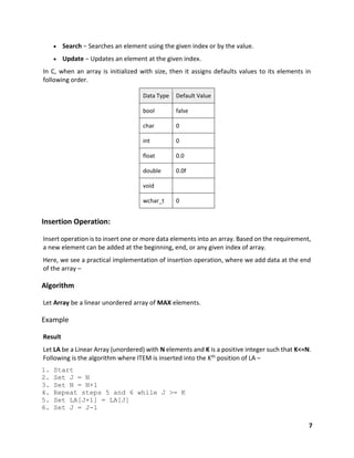 7
 Search − Searches an element using the given index or by the value.
 Update − Updates an element at the given index.
In C, when an array is initialized with size, then it assigns defaults values to its elements in
following order.
Data Type Default Value
bool false
char 0
int 0
float 0.0
double 0.0f
void
wchar_t 0
Insertion Operation:
Insert operation is to insert one or more data elements into an array. Based on the requirement,
a new element can be added at the beginning, end, or any given index of array.
Here, we see a practical implementation of insertion operation, where we add data at the end
of the array –
Algorithm
Let Array be a linear unordered array of MAX elements.
Example
Result
Let LA be a Linear Array (unordered) with N elements and K is a positive integer such that K<=N.
Following is the algorithm where ITEM is inserted into the Kth position of LA –
1. Start
2. Set J = N
3. Set N = N+1
4. Repeat steps 5 and 6 while J >= K
5. Set LA[J+1] = LA[J]
6. Set J = J-1
 