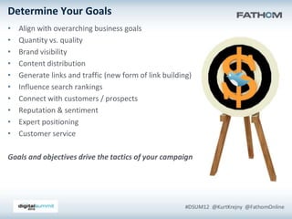 Determine Your Goals
•   Align with overarching business goals
•   Quantity vs. quality
•   Brand visibility
•   Content distribution
•   Generate links and traffic (new form of link building)
•   Influence search rankings
•   Connect with customers / prospects
•   Reputation & sentiment
•   Expert positioning
•   Customer service

Goals and objectives drive the tactics of your campaign
 
