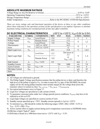 DS18B20
19 of 22
ABSOLUTE MAXIMUM RATINGS
Voltage Range on Any Pin Relative to Ground..................................................................-0.5V to +6.0V
Operating Temperature Range .......................................................................................-55°C to +125°C
Storage Temperature Range...........................................................................................-55°C to +125°C
Solder Temperature .....................................................Refer to the IPC/JEDEC J-STD-020 Specification.
These are stress ratings only and functional operation of the device at these or any other conditions
above those indicated in the operation sections of this specification is not implied. Exposure to absolute
maximum rating conditions for extended periods of time may affect reliability.
DC ELECTRICAL CHARACTERISTICS (-55°C to +125°C; VDD=3.0V to 5.5V)
PARAMETER SYMBOL CONDITIONS MIN TYP MAX UNITS NOTES
Supply Voltage VDD Local Power +3.0 +5.5 V 1
Pullup Supply
Voltage
VPU
Parasite Power +3.0 +5.5
V 1,2
Local Power +3.0 VDD
Thermometer
Error
tERR
-10°C to +85°C ±0.5
°C 3
-55°C to +125°C ±2
Input Logic-Low VIL -0.3 +0.8 V 1,4,5
Input Logic-High VIH
Local Power +2.2 The lower of
5.5
or
VDD + 0.3
V 1, 6
Parasite Power +3.0
Sink Current IL VI/O = 0.4V 4.0 mA 1
Standby Current IDDS 750 1000 nA 7,8
Active Current IDD VDD = 5V 1 1.5 mA 9
DQ Input Current IDQ 5 µA 10
Drift ±0.2 °C 11
NOTES:
1) All voltages are referenced to ground.
2) The Pullup Supply Voltage specification assumes that the pullup device is ideal, and therefore the
high level of the pullup is equal to VPU. In order to meet the VIH spec of the DS18B20, the actual
supply rail for the strong pullup transistor must include margin for the voltage drop across the
transistor when it is turned on; thus: VPU_ACTUAL = VPU_IDEAL + VTRANSISTOR.
3) See typical performance curve in Figure 17.
4) Logic-low voltages are specified at a sink current of 4mA.
5) To guarantee a presence pulse under low voltage parasite power conditions, VILMAX may have to be
reduced to as low as 0.5V.
6) Logic-high voltages are specified at a source current of 1mA.
7) Standby current specified up to +70°C. Standby current typically is 3µA at +125°C.
8) To minimize IDDS, DQ should be within the following ranges: GND ≤ DQ ≤ GND + 0.3V or
VDD – 0.3V ≤ DQ ≤ VDD.
9) Active current refers to supply current during active temperature conversions or EEPROM writes.
10) DQ line is high (“high-Z” state).
11) Drift data is based on a 1000-hour stress test at +125°C with VDD = 5.5V.
 