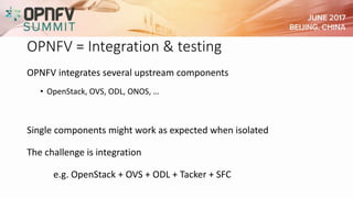 OPNFV = Integration & testing
OPNFV integrates several upstream components
• OpenStack, OVS, ODL, ONOS, …
Single components might work as expected when isolated
The challenge is integration
e.g. OpenStack + OVS + ODL + Tacker + SFC
 