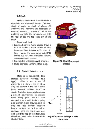 ‫القادسية‬ ‫جامعة‬–‫الدراسي‬ ‫العام‬ / ‫المعلومات‬ ‫تكنولوجيا‬ ‫و‬ ‫الحاسوب‬ ‫علوم‬ ‫كلية‬50002-5002
‫البيانات‬ ‫هياكل‬0
Data Structures 1
17
‫م.م‬.‫األعسم‬ ‫باسم‬ ‫أمير‬
alaasam.ameer.b@gmail.com
2.3 Stack
Stack is a collection of items which is
organized in a sequential manner. Example:
stack of books or stack of plates. All
additions and deletions are restricted at
one end, called top. A stack is open at one
end (the top) only. You can push entry onto
the top, or pop the top entry out of the
stack.
Example of Stack
• Long and narrow home garage (have a
one car width) – BMW comes in first,
Mercedes Benz follows, OPEL enters in
last. – When the cars come out, OPEL
comes out first, then Mercedes follows,
and BMW comes out last.
• Page-visited history in a Web browser.
 Undo operation in many editor tools.
Figure 2.2: Real life example
of stack
2.3.1 Stack in data structure
Stack is a specialized data
storage structure (Abstract data
type). Unlike arrays access of
elements in a stack is restricted to
only the element in the top of stack
(Last element inserted into the
stack). Stack has two main functions
push and pop. Insertion in a stack is
done using push function and
removal from a stack is done using
pop function. Stack allows access to
only the last element inserted
hence, an item can be inserted or
removed from the stack from one
end called the top of the stack. It is
therefore, also called Last-In-First-
Out (LIFO) list.
Figure 2.3: Stack concept in data
structures
 