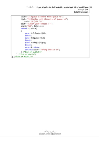 ‫القادسية‬ ‫جامعة‬–‫الدراسي‬ ‫العام‬ / ‫المعلومات‬ ‫تكنولوجيا‬ ‫و‬ ‫الحاسوب‬ ‫علوم‬ ‫كلية‬50002-5002
‫البيانات‬ ‫هياكل‬0
Data Structures 1
32
‫م.م‬.‫األعسم‬ ‫باسم‬ ‫أمير‬
alaasam.ameer.b@gmail.com
cout<<"2.DQueue element from queue n";
cout<<"3.Display all elements of queue n";
cout<<"4.Quit n";
cout<<"Enter your choice : ";
scanf("%d", &choice);
switch (choice)
{
case 1:EnQueue(Q1);
break;
case 2:DQueue(Q1);
break;
case 3:display(Q1);
break;
case 4:return;
default:cout<<"Wrong choice n";
} /*End of switch*/
} /*End of while*/
} /*End of main()*/
 
