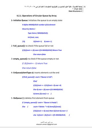 ‫القادسية‬ ‫جامعة‬–‫الدراسي‬ ‫العام‬ / ‫المعلومات‬ ‫تكنولوجيا‬ ‫و‬ ‫الحاسوب‬ ‫علوم‬ ‫كلية‬50002-5002
‫البيانات‬ ‫هياكل‬0
Data Structures 1
35
‫م.م‬.‫األعسم‬ ‫باسم‬ ‫أمير‬
alaasam.ameer.b@gmail.com
4.2.1. Operations of Circular Queue by Array
1- Initialize Queue: Initializes the queue to an empty state
# define MAXQUEUE number-of-Q-element
Struct Q_Name {
Type items { MAXQUEUE};
int front, rear;
{ Q; Q.front=-1; Q.rear=-1;
2- Full_queue(): to check if the queue full or not
If (Q.front == (Q.rear+1)% MAXQUEUE) Return True
Else return false
3- empty_queue(): to check if the queue empty or not
If (Q.front== - 1) return True
Else return false
4- EnQueue(elemType e): inserts element e at the end
If (Full_queue()) cout<<“Queue is Full”;
Else{
If (Q.front == -1) Q.front = Q.rear =0;
Else Q.rear = (Q.rear+1)% MAXQUEUE;
Q.items [Q.rear] = e }
5- DeQueue ( ): deletes first element from queue
If (empty_queue()) cout<< “Queue is Empty”;
Else { cout<<”delete: ”<<Q.items[Q.front];
if (Q.front == Q.rear) then Q.front=Q.rear=-1
else Q.front = (Q.front + 1)% MAXQUEUE; }
 