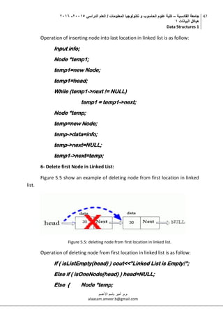 ‫القادسية‬ ‫جامعة‬–‫الدراسي‬ ‫العام‬ / ‫المعلومات‬ ‫تكنولوجيا‬ ‫و‬ ‫الحاسوب‬ ‫علوم‬ ‫كلية‬50002-5002
‫البيانات‬ ‫هياكل‬0
Data Structures 1
47
‫م.م‬.‫األعسم‬ ‫باسم‬ ‫أمير‬
alaasam.ameer.b@gmail.com
Operation of inserting node into last location in linked list is as follow:
Input info;
Node *temp1;
temp1=new Node;
temp1=head;
While (temp1->next != NULL)
temp1 = temp1->next;
Node *temp;
temp=new Node;
temp->data=info;
temp->next=NULL;
temp1->next=temp;
6- Delete first Node in Linked List:
Figure 5.5 show an example of deleting node from first location in linked
list.
Figure 5.5: deleting node from first location in linked list.
Operation of deleting node from first location in linked list is as follow:
If ( isListEmpty(head) ) cout<<”Linked List is Empty!”;
Else if ( isOneNode(head) ) head=NULL;
Else { Node *temp;
 