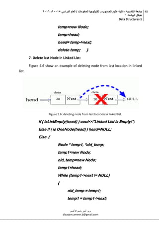 ‫القادسية‬ ‫جامعة‬–‫الدراسي‬ ‫العام‬ / ‫المعلومات‬ ‫تكنولوجيا‬ ‫و‬ ‫الحاسوب‬ ‫علوم‬ ‫كلية‬50002-5002
‫البيانات‬ ‫هياكل‬0
Data Structures 1
48
‫م.م‬.‫األعسم‬ ‫باسم‬ ‫أمير‬
alaasam.ameer.b@gmail.com
temp=new Node;
temp=head;
head= temp->next;
delete temp; }
7- Delete last Node in Linked List:
Figure 5.6 show an example of deleting node from last location in linked
list.
Figure 5.6: deleting node from last location in linked list.
If ( isListEmpty(head) ) cout<<”Linked List is Empty!”;
Else if ( is OneNode(head) ) head=NULL;
Else {
Node * temp1, *old_temp;
temp1=new Node;
old_temp=new Node;
temp1=head;
While (temp1->next != NULL)
{
old_temp = temp1;
temp1 = temp1->next;
 