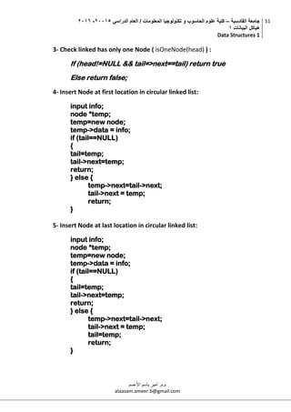 ‫القادسية‬ ‫جامعة‬–‫الدراسي‬ ‫العام‬ / ‫المعلومات‬ ‫تكنولوجيا‬ ‫و‬ ‫الحاسوب‬ ‫علوم‬ ‫كلية‬50002-5002
‫البيانات‬ ‫هياكل‬0
Data Structures 1
51
‫م.م‬.‫األعسم‬ ‫باسم‬ ‫أمير‬
alaasam.ameer.b@gmail.com
3- Check linked has only one Node ( isOneNode(head) ) :
If (head!=NULL && tail=>next==tail) return true
Else return false;
4- Insert Node at first location in circular linked list:
input info;
node *temp;
temp=new node;
temp->data = info;
if (tail==NULL)
{
tail=temp;
tail->next=temp;
return;
} else {
temp->next=tail->next;
tail->next = temp;
return;
}
5- Insert Node at last location in circular linked list:
input info;
node *temp;
temp=new node;
temp->data = info;
if (tail==NULL)
{
tail=temp;
tail->next=temp;
return;
} else {
temp->next=tail->next;
tail->next = temp;
tail=temp;
return;
}
 