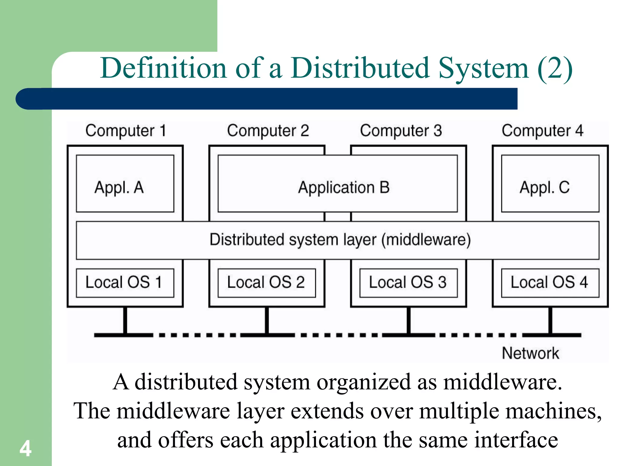 4
Definition of a Distributed System (2)
A distributed system organized as middleware.
The middleware layer extends over multiple machines,
and offers each application the same interface
 