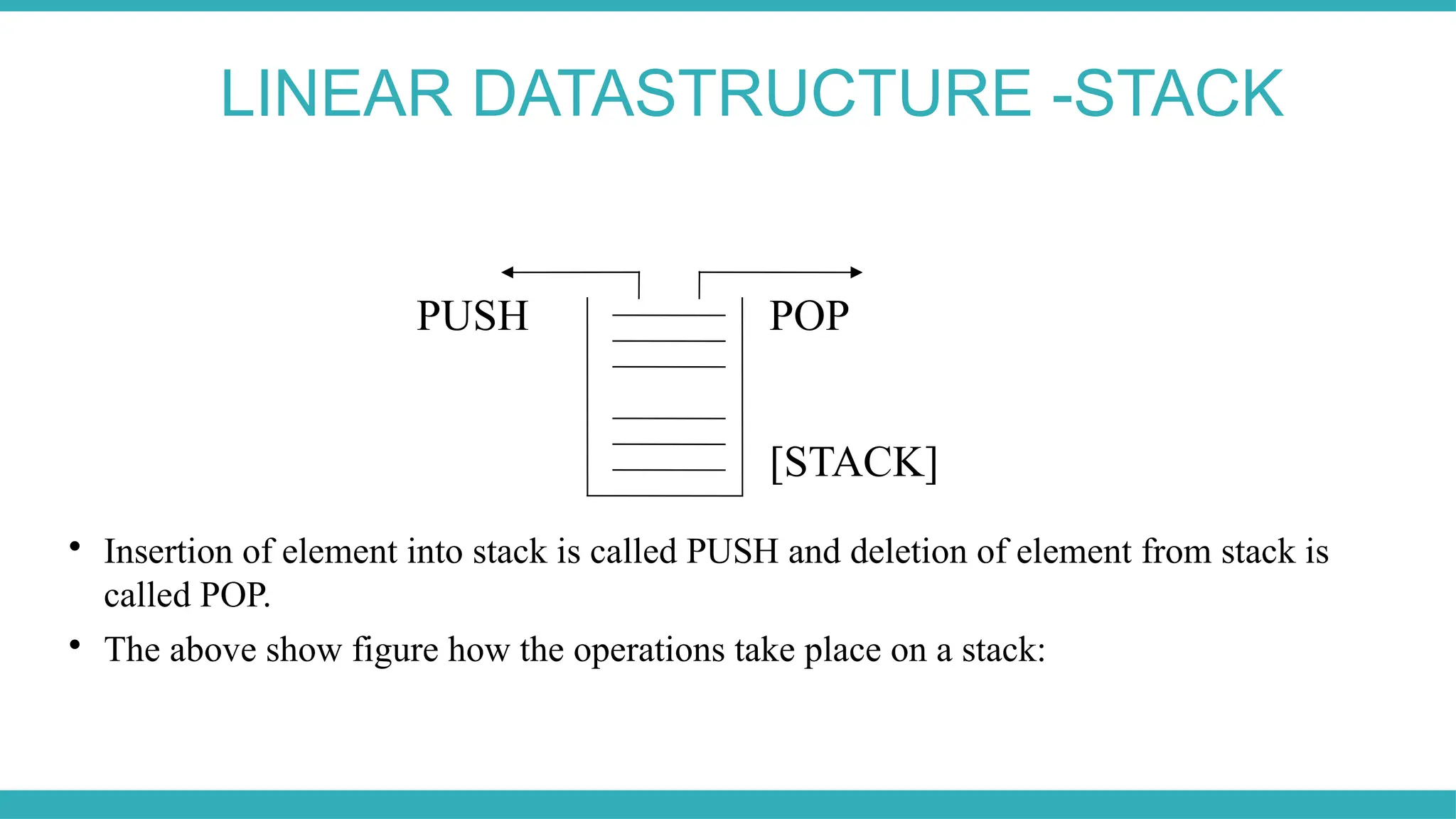 LINEAR DATASTRUCTURE -STACK
PUSH POP
[STACK]

Insertion of element into stack is called PUSH and deletion of element from stack is
called POP.

The above show figure how the operations take place on a stack:
 