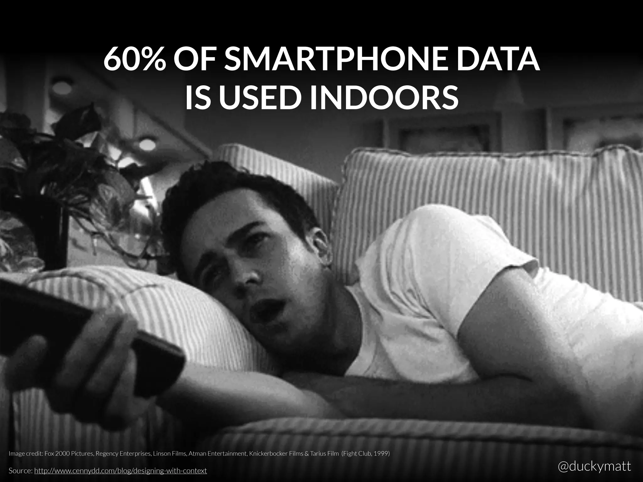 60% OF SMARTPHONE DATA
IS USED INDOORS
Source: http://www.cennydd.com/blog/designing-with-context
Image credit: Fox 2000 Pictures, Regency Enterprises, Linson Films, Atman Entertainment, Knickerbocker Films & Tarius Film (Fight Club, 1999)
@duckymatt
 