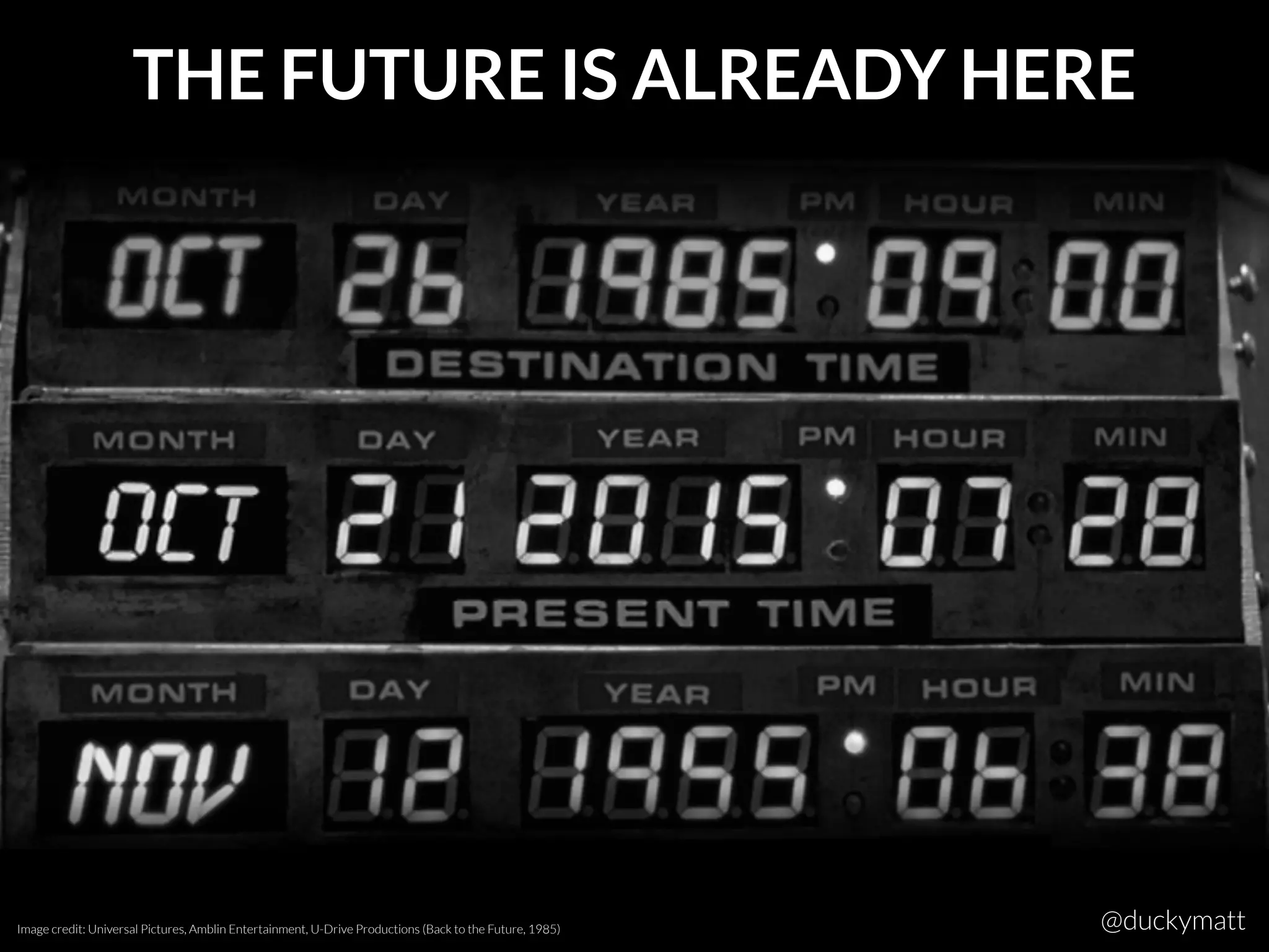 THE FUTURE IS ALREADY HERE
Image credit: Universal Pictures, Amblin Entertainment, U-Drive Productions (Back to the Future, 1985) @duckymatt
 