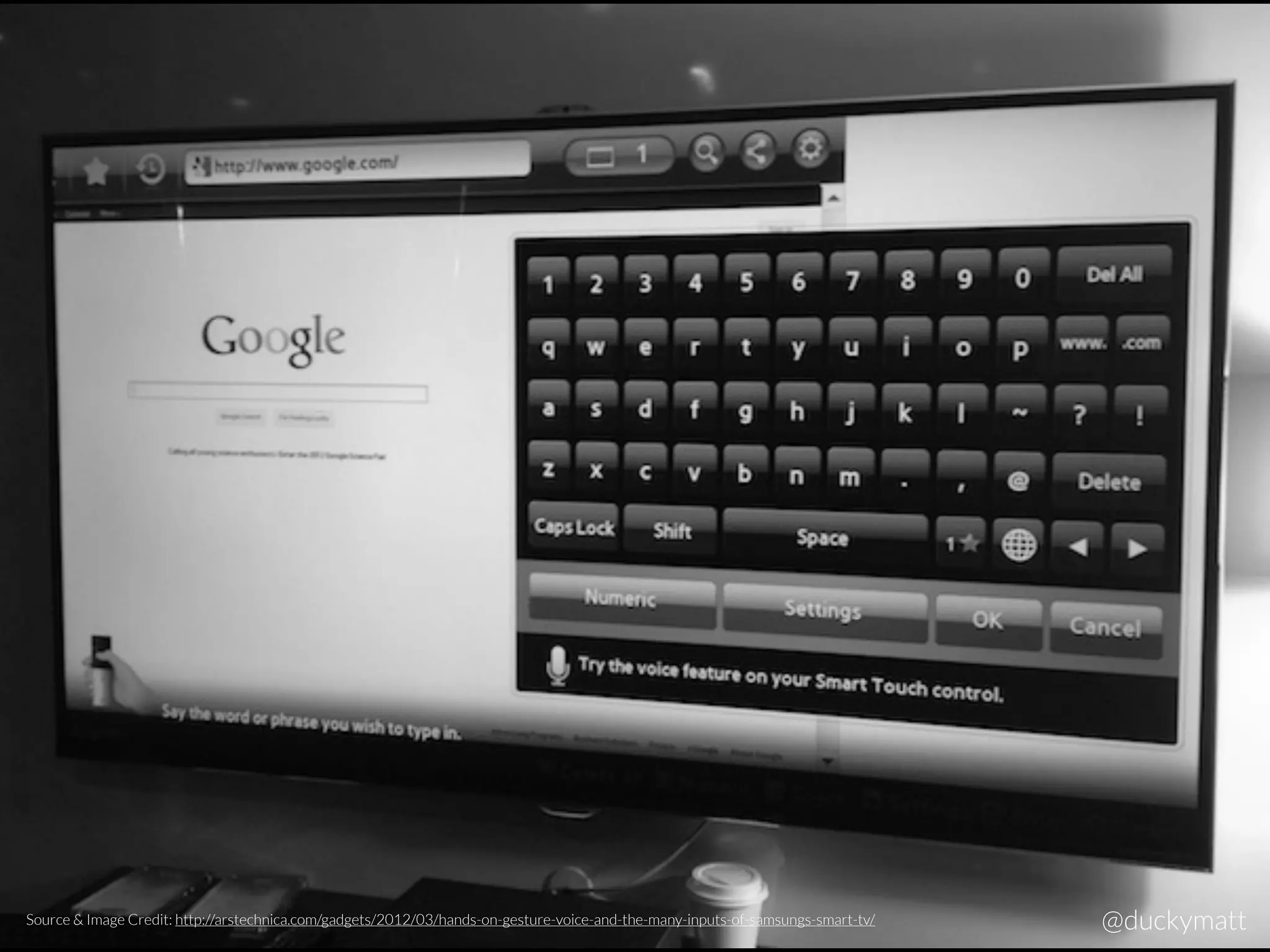 Source & Image Credit: http://arstechnica.com/gadgets/2012/03/hands-on-gesture-voice-and-the-many-inputs-of-samsungs-smart-tv/ @duckymatt
 