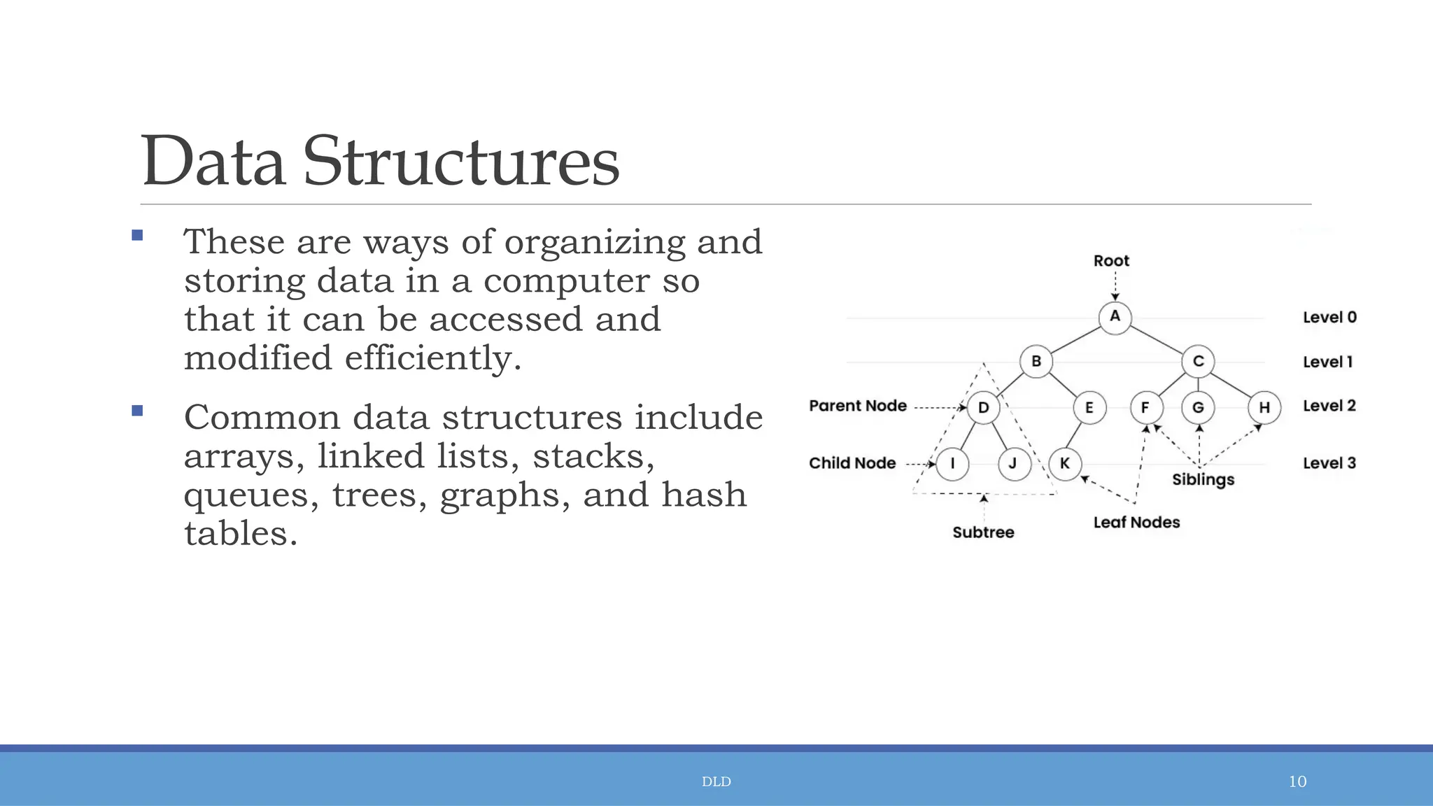 DLD 10
Data Structures
 These are ways of organizing and
storing data in a computer so
that it can be accessed and
modified efficiently.
 Common data structures include
arrays, linked lists, stacks,
queues, trees, graphs, and hash
tables.
 