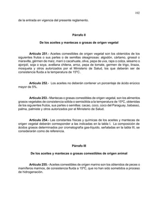 102
de la entrada en vigencia del presente reglamento.
Párrafo II
De los aceites y mantecas o grasas de origen vegetal
Artículo 251.- Aceites comestibles de origen vegetal son los obtenidos de los
siguientes frutos o sus partes o de semillas oleaginosas: algodón, cártamo, girasol o
maravilla, gérmen de maíz, maní o cacahuate, oliva, pepa de uva, raps o colza, sésamo o
ajonjolí, soja o soya, avellana chilena, arroz, pepa de tomate, germen de trigo, linaza,
mosqueta y otros autorizados por el Ministerio de Salud, los que deberán ser de
consistencia fluida a la temperatura de 15ºC.
Artículo 252.- Los aceites no deberán contener un porcentaje de ácido erúcico
mayor de 5%.
Artículo 253.- Mantecas o grasas comestibles de origen vegetal, son los alimentos
grasos vegetales de consistencia sólida o semisólida a la temperatura de 15ºC, obtenidas
de los siguientes frutos, sus partes o semillas: cacao, coco, coco del Paraguay, babassú,
palma, palmiste y otros autorizados por el Ministerio de Salud.
Artículo 254.- Las constantes físicas y químicas de los aceites y mantecas de
origen vegetal deberán corresponder a las indicadas en la tabla I. La composición de
ácidos grasos determinados por cromatografía gas-líquido, señaladas en la tabla III, se
considerarán como de referencia.
Párrafo III
De los aceites y mantecas o grasas comestibles de origen animal
Artículo 255.- Aceites comestibles de origen marino son los obtenidos de peces o
mamíferos marinos, de consistencia fluida a 15ºC, que no han sido sometidos a proceso
de hidrogenación.
 