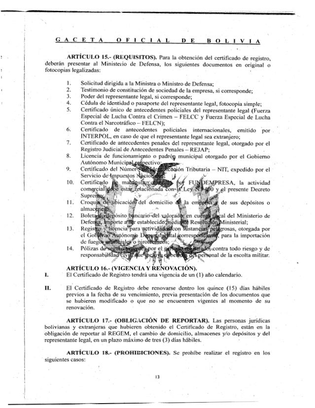 Decreto Supremo 2175 ( Reglamento para la ley 400 "de Armas")