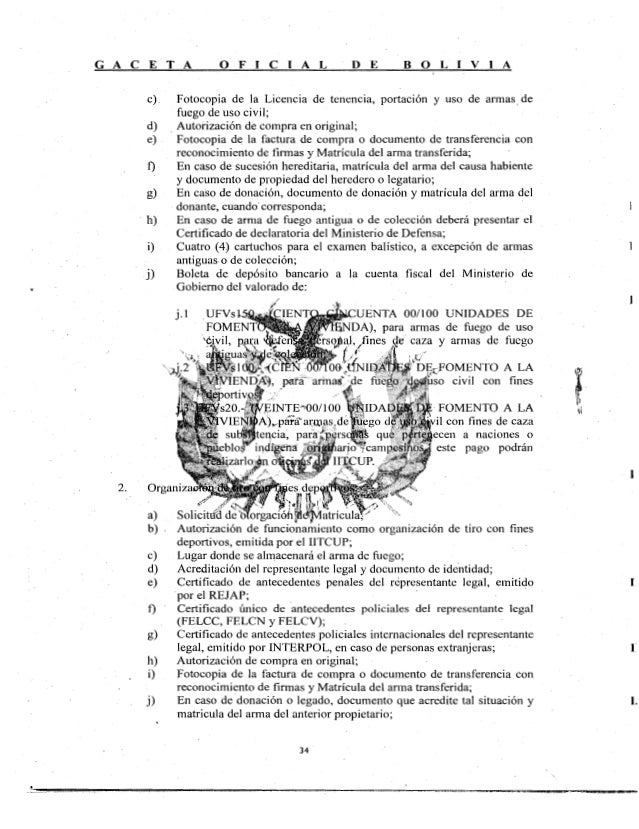 Decreto Supremo 2175 (Reglamento ley 400 "Ley de Armas")