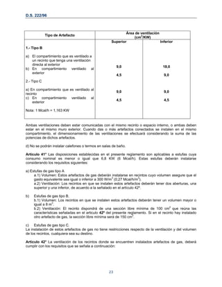D.S. 222/96
Tipo de Artefacto
Área de ventilación
(cm2
/KW)
1.- Tipo B
a) El compartimiento que es ventilado a
un recinto que tenga una ventilación
directa al exterior
b) En compartimiento ventilado al
exterior
2.- Tipo C
a) En compartimiento que es ventilado al
recinto
c) En compartimiento ventilado al
exterior
Nota: 1 Mcal/h = 1,163 KW
Superior
9,0
4,5
9,0
4,5
Inferior
18,0
9,0
9,0
4,5
Ambas ventilaciones deben estar comunicadas con el mismo recinto o espacio interno, o ambas deben
estar en el mismo muro exterior. Cuando das o más artefactos conectados se instalen en el mismo
compartimiento, el dimensionamiento de las ventilaciones se efectuará considerando la suma de las
potencias de dichos artefactos.
d) No se podrán instalar calefones o termos en salas de baño.
Artículo 41° Las disposiciones establecidas en el presente reglamento son aplicables a estufas cuya
consumo nominal es menor o igual que 6,8 KW (6 McaI/h). Estas estufas deberán instalarse
considerando los requisitos siguientes:
a) Estufas de gas tipo A
a.1) Volumen: Estos artefactos de gas deberán instalarse en recintos cuyo volumen asegure que el
gasto equivalente sea igual o inferior a 300 W/m3
(0,27 Mcal/h/m3
).
a.2) Ventilación: Los recintos en que se instalen estos artefactos deberán tener dos aberturas, una
superior y una inferior, de acuerdo a la señalado en el artículo 42º.
b) Estufas de gas tipo B.
b.1) Volumen: Los recintos en que se instalen estos artefactos deberán tener un volumen mayor o
igual a 8 m3
.
b.2) Ventilación: El recinto dispondrá de una sección libre mínima de 100 cm2
que reúna las
características señaladas en el articulo 42º del presente reglamento. Si en el recinto hay instalado
otro artefacto de gas, la sección libre mínima será de 150 cm2
.
c) Estufas de gas tipo C.
La instalación de estos artefactos de gas no tiene restricciones respecto de la ventilación y del volumen
de los recintos, cualquiera sea su destino.
Articulo 42° La ventilación de los recintos donde se encuentren instalados artefactos de gas, deberá
cumplir con los requisitos que se señala a continuación:
23
 