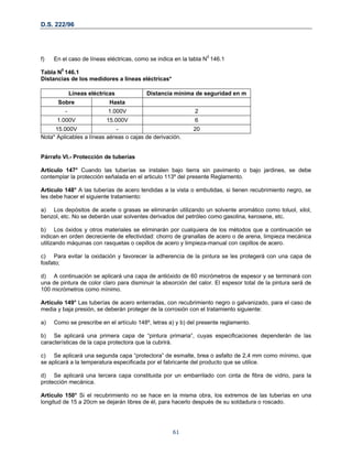 D.S. 222/96
f) En el caso de líneas eléctricas, como se indica en la tabla N0
146.1
Tabla N0
146.1
Distancias de los medidores a líneas eléctricas*
Líneas eléctricas Distancia mínima de seguridad en m
Sobre Hasta
- 1.000V 2
1.000V 15.000V 6
15.000V - 20
Nota* Aplicables a líneas aéreas o cajas de derivación.
Párrafo VI.- Protección de tuberías
Artículo 147° Cuando las tuberías se instalen bajo tierra sin pavimento o bajo jardines, se debe
contemplar la protección señalada en el articulo 113º del presente Reglamento.
Articulo 148° A las tuberías de acero tendidas a la vista o embutidas, si tienen recubrimiento negro, se
les debe hacer el siguiente tratamiento:
a) Los depósitos de aceite o grasas se eliminarán utilizando un solvente aromático como toluol, xilol,
benzol, etc. No se deberán usar solventes derivados del petróleo como gasolina, kerosene, etc.
b) Los óxidos y otros materiales se eliminarán por cualquiera de los métodos que a continuación se
indican en orden decreciente de efectividad: chorro de granallas de acero o de arena, limpieza mecánica
utilizando máquinas con rasquetas o cepillos de acero y limpieza-manual con cepillos de acero.
c) Para evitar la oxidación y favorecer la adherencia de la pintura se les protegerá con una capa de
fosfato;
d) A continuación se aplicará una capa de antióxido de 60 micrómetros de espesor y se terminará con
una de pintura de color claro para disminuir la absorción del calor. El espesor total de la pintura será de
100 micrómetros como mínimo.
Artículo 149° Las tuberías de acero enterradas, con recubrimiento negro o galvanizado, para el caso de
media y baja presión, se deberán proteger de la corrosión con el tratamiento siguiente:
a) Como se prescribe en el artículo 148º, letras a) y b) del presente reglamento.
b) Se aplicará una primera capa de “pintura primaria”, cuyas especificaciones dependerán de las
características de la capa protectora que la cubrirá.
c) Se aplicará una segunda capa “protectora” de esmalte, brea o asfalto de 2,4 mm como mínimo, que
se aplicará a la temperatura especificada por el fabricante del producto que se utilice.
d) Se aplicará una tercera capa constituida por un embarrilado con cinta de fibra de vidrio, para la
protección mecánica.
Artículo 150° Si el recubrimiento no se hace en la misma obra, los extremos de las tuberías en una
longitud de 15 a 20cm se dejarán libres de él, para hacerlo después de su soldadura o roscado.
61
 
