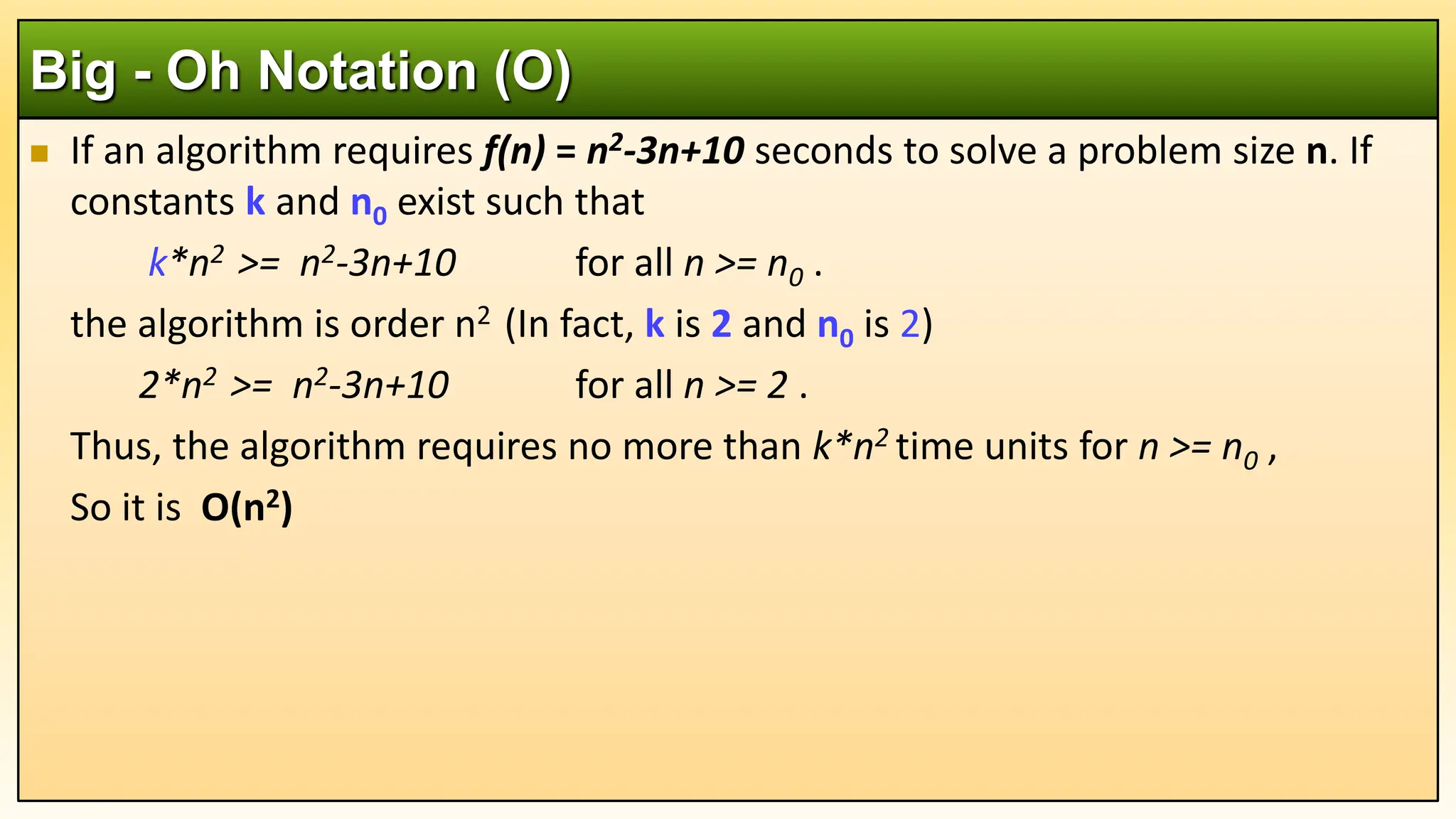  If an algorithm requires f(n) = n2-3n+10 seconds to solve a problem size n. If
constants k and n0 exist such that
k*n2 >= n2-3n+10 for all n >= n0 .
the algorithm is order n2 (In fact, k is 2 and n0 is 2)
2*n2 >= n2-3n+10 for all n >= 2 .
Thus, the algorithm requires no more than k*n2 time units for n >= n0 ,
So it is O(n2)
Big - Oh Notation (O)
 