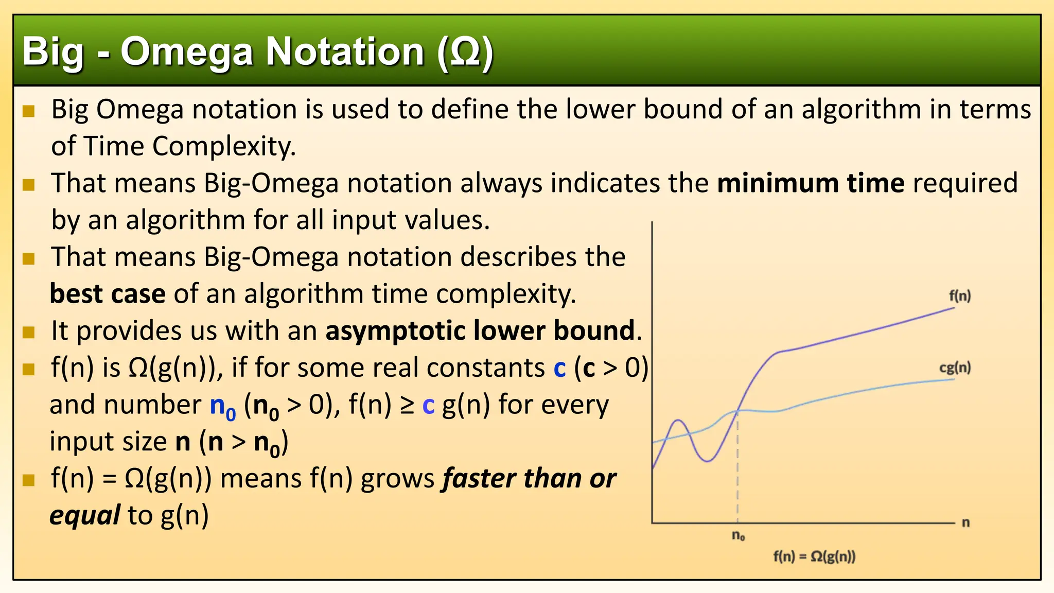  Big Omega notation is used to define the lower bound of an algorithm in terms
of Time Complexity.
 That means Big-Omega notation always indicates the minimum time required
by an algorithm for all input values.
 That means Big-Omega notation describes the
best case of an algorithm time complexity.
 It provides us with an asymptotic lower bound.
 f(n) is Ω(g(n)), if for some real constants c (c > 0)
and number n0 (n0 > 0), f(n) ≥ c g(n) for every
input size n (n > n0)
 f(n) = Ω(g(n)) means f(n) grows faster than or
equal to g(n)
Big - Omega Notation (Ω)
 