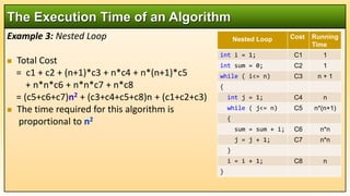 Example 3: Nested Loop
 Total Cost
= c1 + c2 + (n+1)*c3 + n*c4 + n*(n+1)*c5
+ n*n*c6 + n*n*c7 + n*c8
= (c5+c6+c7)n2 + (c3+c4+c5+c8)n + (c1+c2+c3)
 The time required for this algorithm is
proportional to n2
The Execution Time of an Algorithm
Nested Loop Cost Running
Time
int i = 1; C1 1
int sum = 0; C2 1
while ( i<= n) C3 n + 1
{
int j = 1; C4 n
while ( j<= n) C5 n*(n+1)
{
sum = sum + i; C6 n*n
j = j + 1; C7 n*n
}
i = i + 1; C8 n
}
 