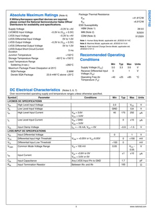 DS25CP102
      Absolute Maximum Ratings (Note 4)                              Package Thermal Resistance
                                                                      θJA                                                           +41.8°C/W
      If Military/Aerospace specified devices are required,
      please contact the National Semiconductor Sales Office/         θJC                                                                +6.9°C/W
      Distributors for availability and specifications.              ESD Susceptibility
 Supply Voltage                                −0.3V to +4V           HBM (Note 1)                                                         ≥8 kV
 LVCMOS Input Voltage                  −0.3V to (VCC + 0.3V)           MM (Note 2)                                                         ≥250V
 LVDS Input Voltage                            −0.3V to +4V            CDM (Note 3)                                                       ≥1250V
 LVDS Differential Input Voltage                  0V to 1.0V
                                                                      Note 1: Human Body Model, applicable std. JESD22-A114C
 LVDS Output Voltage                   −0.3V to (VCC + 0.3V)          Note 2: Machine Model, applicable std. JESD22-A115-A
 LVDS Differential Output Voltage                 0V to 1.0V          Note 3: Field Induced Charge Device Model, applicable std.
 LVDS Output Short Circuit Current                                    JESD22-C101-C
                                                        5 ms
 Duration
 Junction Temperature                                +150°C           Recommended Operating
 Storage Temperature Range                 −65°C to +150°C
 Lead Temperature Range
                                                                      Conditions
   Soldering (4 sec.)                                +260°C                                              Min       Typ      Max          Units
 Maximum Package Power Dissipation at 25°C                             Supply Voltage (VCC)              3.0       3.3      3.6           V
   SQA Package                                        2.99W            Receiver Differential Input        0                  1            V
   Derate SQA Package              23.9 mW/°C above +25°C              Voltage (VID)
                                                                       Operating Free Air                −40       +25      +85            °C
                                                                       Temperature (TA)



      DC Electrical Characteristics                (Notes 5, 6, 7)
      Over recommended operating supply and temperature ranges unless otherwise specified.
Symbol                           Parameter                                 Conditions                      Min       Typ       Max          Units
LVCMOS DC SPECIFICATIONS
VIH          High Level Input Voltage                                                                      2.0                 VCC              V
VIL          Low Level Input Voltage                                                                      GND                      0.8          V
IIH          High Level Input Current                         VIN = 3.6V                                    40       175       250              μA
                                                              VCC = 3.6V
IIL          Low Level Input Current                          VIN = GND                                                0       ±10              μA
                                                              VCC = 3.6V
VCL          Input Clamp Voltage                              ICL = −18 mA, VCC = 0V                                 −0.9      −1.5             V
LVDS INPUT DC SPECIFICATIONS
VID          Input Differential Voltage                                                                      0                     1            V
VTH          Differential Input High Threshold                VCM = +0.05V or VCC-0.05V                                0      +100              mV
VTL          Differential Input Low Threshold                                                             −100         0                        mV
VCMR         Common Mode Voltage Range                        VID = 100 mV                                 0.05               VCC -             V
                                                                                                                              0.05
                                                              VIN = +3.6V or 0V                                       ±1       ±10              μA
IIN          Input Current
                                                              VCC = 3.6V or 0V
CIN          Input Capacitance                                Any LVDS Input Pin to GND                               1.7                       pF
RIN          Input Termination Resistor                       Between IN+ and IN-                                    100                        Ω




                                                                 3                                                             www.national.com
 