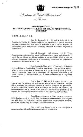 Decreto 2610 modifica DS 2145 contra la violencia hacia las mujeres Bolivia