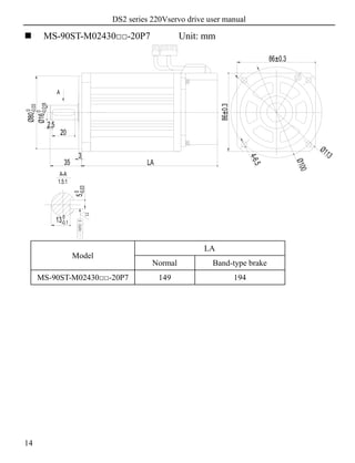 DS2 series 220Vservo drive user manual
14
 MS-90ST-M02430□□-20P7 Unit: mm
Model
LA
Normal Band-type brake
MS-90ST-M02430□□-20P7 149 194
 