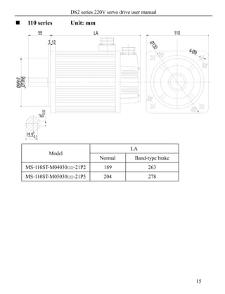 DS2 series 220V servo drive user manual
15
 110 series Unit: mm
Model
LA
Normal Band-type brake
MS-110ST-M04030□□-21P2 189 263
MS-110ST-M05030□□-21P5 204 278
 