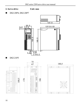 DS2 series 220Vservo drive user manual
18
2. Servo drive Unit: mm
 DS2-20P4, DS2-20P7
165.0
50.0
137±0.03
165.0
7.55.0
5.07.5
137.0
 DS2-21P5
75
186
67
178
180,5
+1+2RSTUVWPBP+
POWER CHARGE
STA/ESC INC DEC ENTER
180,5
2-Φ5.0
 