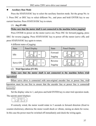 DS2 series 220V servo drive user manual
37
 Auxiliary Run Mode
Press the STATUS/ESC key to select the auxiliary function mode. Set the group No. to
1. Press INC or DEC key to select different No., and press and hold ENTER key to use
current function. Press STATUS/ESC key to return.
(1) Jog (F1-00)
Make sure that the motor shaft is not connected to the machine before jogging!
Press ENTER to power on the motor (servo on). Press INC for forward jogging, press
DEC for reverse jogging. Press STATUS/ESC key to power off the motor (servo off), and
press STATUS/ESC key again to return.
4 different states of jogging:
State Panel Display State Panel Display
Idle
Forward
Jogging
Servo ON
Reverse
Jogging
(2) Trial Operation (F1-01)
Make sure that the motor shaft is not connected to the machine before trial
operation!
When servo drive is connected with non-original encoder line or power line, trial
operation must be run first to ensure that the encoder line or power line is connected
correctly.
Set the display value to 1, and press and hold ENTER key to enter trial operation mode.
The operate panel displays:
If correctly wired, the motor would rotate in 5 seconds in forward direction (fixed to
counter-clockwise), otherwise the motor would shock or vibrate, raising an alarm for worse.
In this case the power must be switched off immediately and check the wiring again.
 