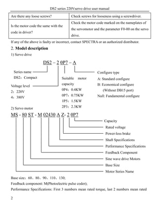 DS2 series 220Vservo drive user manual
2
Are there any loose screws? Check screws for looseness using a screwdriver.
Is the motor code the same with the
code in driver?
Check the motor code marked on the nameplates of
the servomotor and the parameter F0-00 on the servo
drive.
If any of the above is faulty or incorrect, contact SPECTRA or an authorized distributor.
2. Model description
1) Servo drive
DS2 – 2 0P7 – A
2) Servo motor
MS - 80 ST - M 02430 A Z- 2 0P7
Capacity
Rated voltage
Power-loss brake
Shaft Specifications
Performance Specifications
Feedback Component
Sine wave drive Motors
Base Size
Motor Series Name
Base size：60、80、90、110、130;
Feedback component: M(Photoelectric pulse coder);
Performance Specifications: First 3 numbers mean rated torque, last 2 numbers mean rated
Voltage level
2：220V
4：380V
Series name
DS2：Compact Suitable motor
capacity
0P4：0.4KW
0P7：0.75KW
1P5：1.5KW
2P3：2.3KW
3P0：3.0KW
Configure type
A: Standard configure
B: Economical configure
(Without DB15 port)
Null: Fundamental configure
 