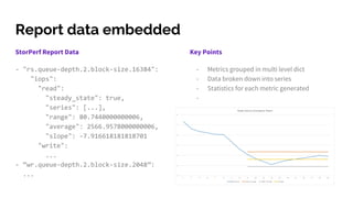 Report data embedded
StorPerf Report Data
- "rs.queue-depth.2.block-size.16384":
"iops":
"read":
"steady_state": true,
"series": [...],
"range": 80.7440000000006,
"average": 2566.9578000000006,
"slope": -7.916618181818701
"write":
...
- “wr.queue-depth.2.block-size.2048”:
...
Key Points
- Metrics grouped in multi level dict
- Data broken down into series
- Statistics for each metric generated
-
 