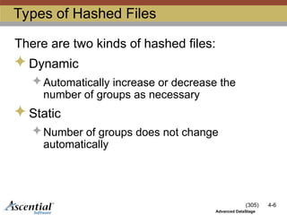 (305) 4-6
Advanced DataStage
Types of Hashed Files
There are two kinds of hashed files:
 Dynamic
 Automatically increase or decrease the
number of groups as necessary
 Static
 Number of groups does not change
automatically
 