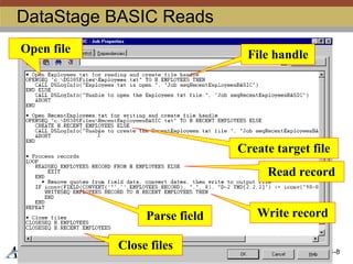 (305) 4-8
Advanced DataStage
DataStage BASIC Reads
Open file File handle
Create target file
Read record
Write record
Close files
Parse field
 