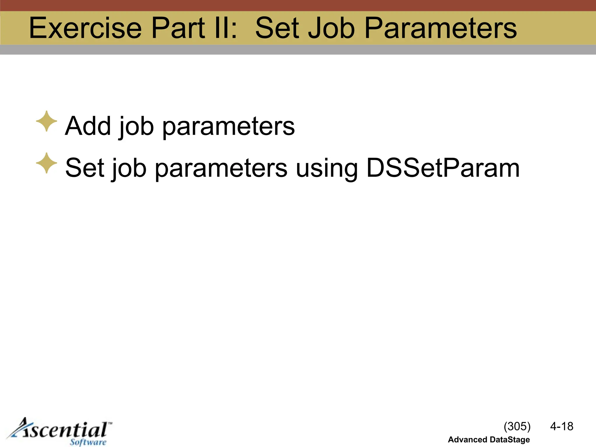 (305) 4-18
Advanced DataStage
Exercise Part II: Set Job Parameters
 Add job parameters
 Set job parameters using DSSetParam
 