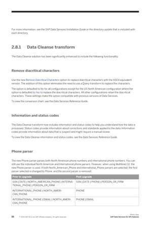 For more information, see the SAP Data Services Installation Guide or the directory update that is included with
each directory.

2.8.1

Data Cleanse transform

The Data Cleanse solution has been significantly enhanced to include the following functionality.

Remove diacritical characters
Use the new Remove Diacritical Characters option to replace diacritical characters with the ASCII equivalent
version. The addition of this option eliminates the need to use a Query transform to replace the characters.
The option is defaulted to No for all configurations except for the US North American configuration where the
option is defaulted to Yes to replace the diacritical characters. All other configurations retain the diacritical
characters. These settings make the option compatible with previous versions of Data Services.
To view the conversion chart, see the Data Services Reference Guide.

Information and status codes
The Data Cleanse transform now includes information and status codes to help you understand how the data is
processed. Status codes provide information about corrections and standards applied to the data. Information
codes provide information about data that is suspect and might require a manual review.
To view the Data Cleanse information and status codes, see the Data Services Reference Guide.

Phone parser
The new Phone parser parses both North American phone numbers and international phone numbers. You can
still use the individual North American and International phone parsers. However, when using Multiline1-12, the
new Phone parser is used. If both North_American_Phone and International_Phone parsers are selected, the first
parser selected is changed to Phone, and the second parser is removed.
Prior to upgrade

Post upgrade

SSN | DATE | NORTH_AMERICAN_PHONE | INTERNA­
TIONAL_PHONE | PERSON_OR_FIRM

SSN | DATE | PHONE | PERSON_OR_FIRM

INTERNATIONAL_PHONE | NORTH_AMERI­
CAN_PHONE

PHONE

INTERNATIONAL_PHONE | EMAIL | NORTH_AMERI­
CAN_PHONE

PHONE | EMAIL

16

© 2014 SAP AG or an SAP affiliate company. All rights reserved.

What's New
SAP Data Services 4.2 SP1 features

 