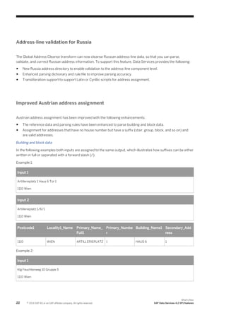 Address-line validation for Russia
The Global Address Cleanse transform can now cleanse Russian address-line data, so that you can parse,
validate, and correct Russian address information. To support this feature, Data Services provides the following:
●

New Russia address directory to enable validation to the address-line component level.

●

Enhanced parsing dictionary and rule file to improve parsing accuracy.

●

Transliteration support to support Latin or Cyrillic scripts for address assignment.

Improved Austrian address assignment
Austrian address assignment has been improved with the following enhancements:
●

The reference data and parsing rules have been enhanced to parse building and block data.

●

Assignment for addresses that have no house number but have a suffix (stair, group, block, and so on) and
are valid addresses.

Building and block data
In the following examples both inputs are assigned to the same output, which illustrates how suffixes can be either
written in full or separated with a forward slash (/).
Example 1:
Input 1
Artillerieplatz 1 Haus 6 Tür 1
1110 Wien

Input 2
Artillerieplatz 1/6/1
1110 Wien

Postcode1

Locality1_Name

Primary_Name_
Full1

Primary_Numbe Building_Name1 Secondary_Add
r
ress

1110

WIEN

ARTILLERIEPLATZ 1

HAUS 6

1

Example 2:
Input 1
Klg Feuchterweg 10 Gruppe 5
1110 Wien

22

© 2014 SAP AG or an SAP affiliate company. All rights reserved.

What's New
SAP Data Services 4.2 SP1 features

 