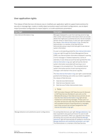 User application rights
This release of Data Services introduces new or modified user application rights to support best practices for
security in message logs, create or modify object promotion export and import configurations, use an object
import promotion configuration to import objects, or to edit substitution parameters.
User Right

Description

View internal information in log

Messages displayed to a user from warning and error logs
often contain internal system information which can provide
details that might pose a potential security risk (for example,
domain names or stack traces). A new user right included in
this release, View internal information in log, provides the
Administrator or a member of the Data Services
Administrator group a way to limit who gets to see internal
system information.
If a user is not explicitly granted the View internal information
in log user right through the Central Management Server
(CMS), any internal system information displayed in warning
or error messages is masked (replaced by a series of
asterisks). A user whose account has been granted the View
internal information in log user right will see the internal
system information associated with warning or error
messages in its unmasked form. The unmasked internal
system information portion of each warning and error
message is still retained in the server's log files.
The View internal information in log user right is automatically
granted to the following users when you install or upgrade to
this release of Data Services:
●

Data Services Administrator

●

Data Services Operator Users

●

Data Services Profiler Administrator Users

Note
SAP Information Steward, SAP Data Services On Demand,
or SAP Data Services Workbench users who run the
Metadata Browsing or View Data services and who do not
have the View internal information in log right will see
masked error and warning messages. If these users run
any other services are used, they will see both the masked
and unmasked versions of warning and error messages,
even if their account has not been assigned the View
internal information in log right.
Manage datastore and substitution param configurations

What's New
SAP Data Services 4.2 SP1 features

An existing Data Services user right, Manage datastores, has
been expanded to also grant permission for users to edit
substitution parameters. When you upgrade to this release,
all existing user accounts who were granted the Manage
datastores right will automatically be updated to receive the
Manage datastores and substitution parameters user right.
The Administrator or a member of the Data Services

© 2014 SAP AG or an SAP affiliate company. All rights reserved.

7

 