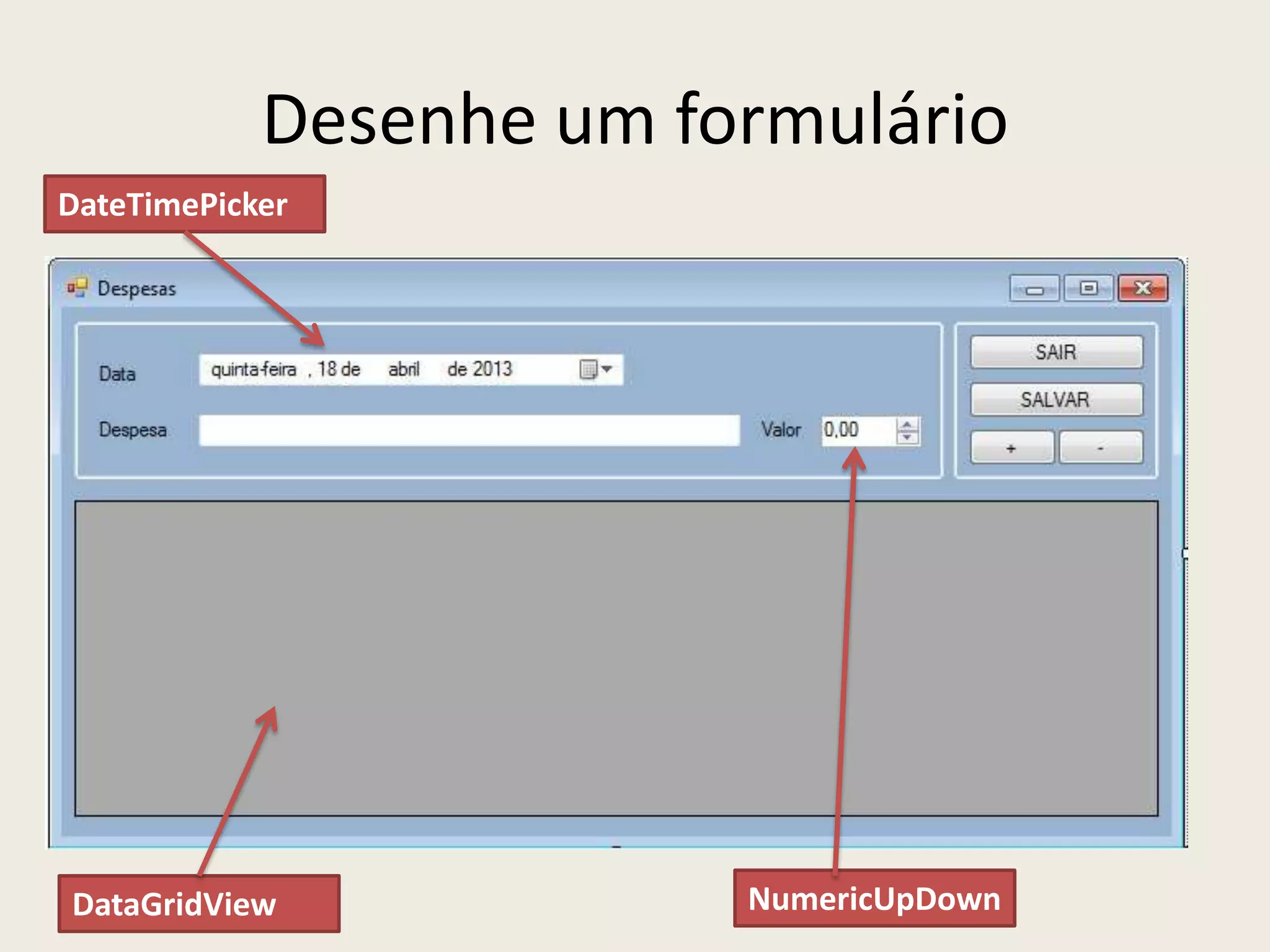 Desenhe um formulário
DataGridView
DateTimePicker
NumericUpDown