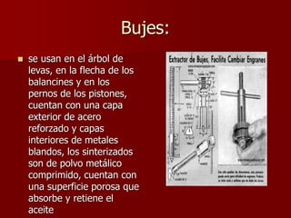 Bujes:
 se usan en el árbol de
levas, en la flecha de los
balancines y en los
pernos de los pistones,
cuentan con una capa
exterior de acero
reforzado y capas
interiores de metales
blandos, los sinterizados
son de polvo metálico
comprimido, cuentan con
una superficie porosa que
absorbe y retiene el
aceite
 