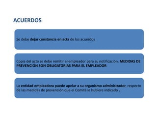 ACUERDOS
Se debe dejar constancia en acta de los acuerdos
Copia del acta se debe remitir al empleador para su notificación. MEDIDAS DE
PREVENCIÓN SON OBLIGATORIAS PARA EL EMPLEADOR
La entidad empleadora puede apelar a su organismo administrador, respecto
de las medidas de prevención que el Comité le hubiere indicado .
 