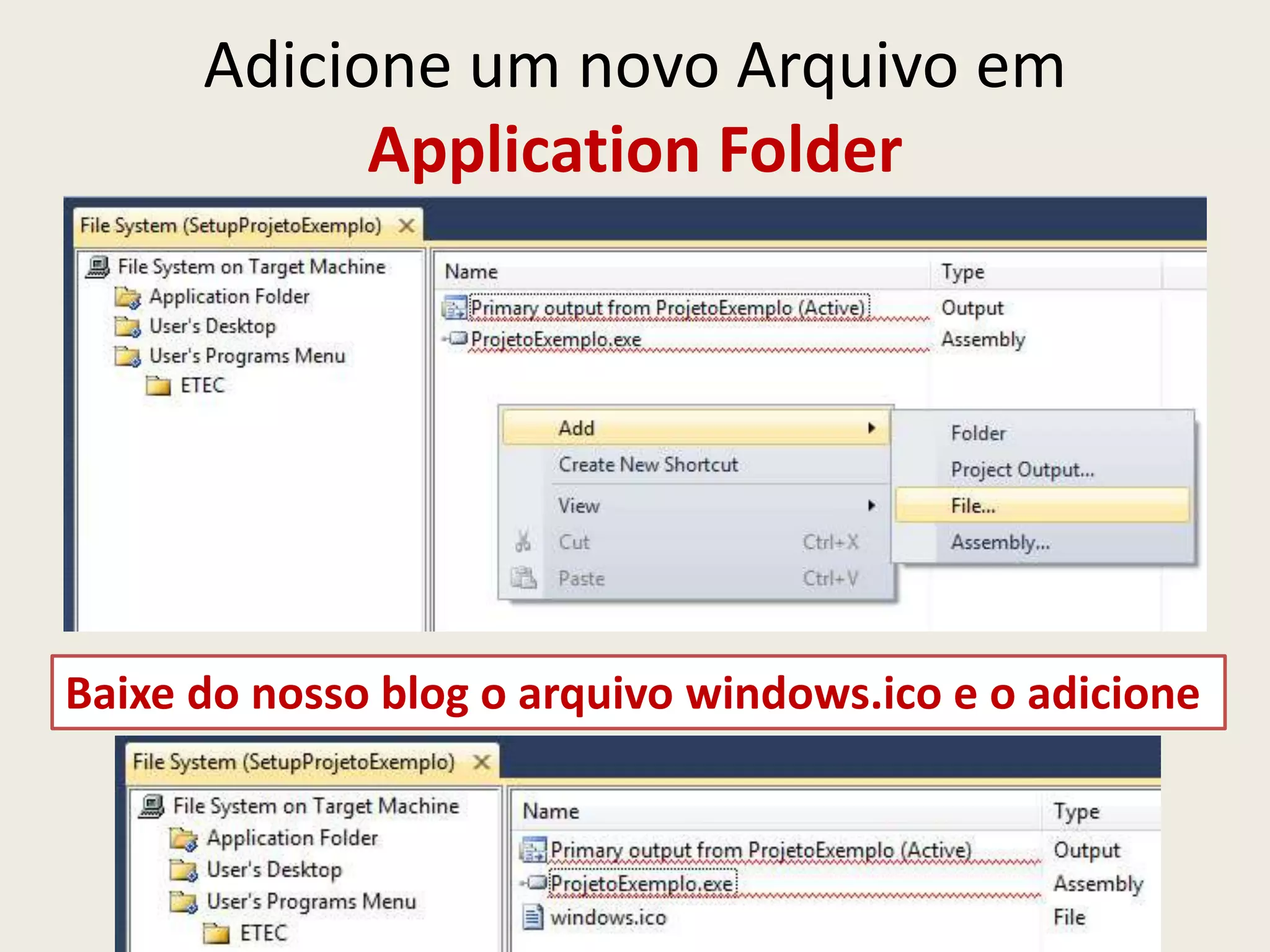 Adicione um novo Arquivo em
Application Folder
Baixe do nosso blog o arquivo windows.ico e o adicione
 