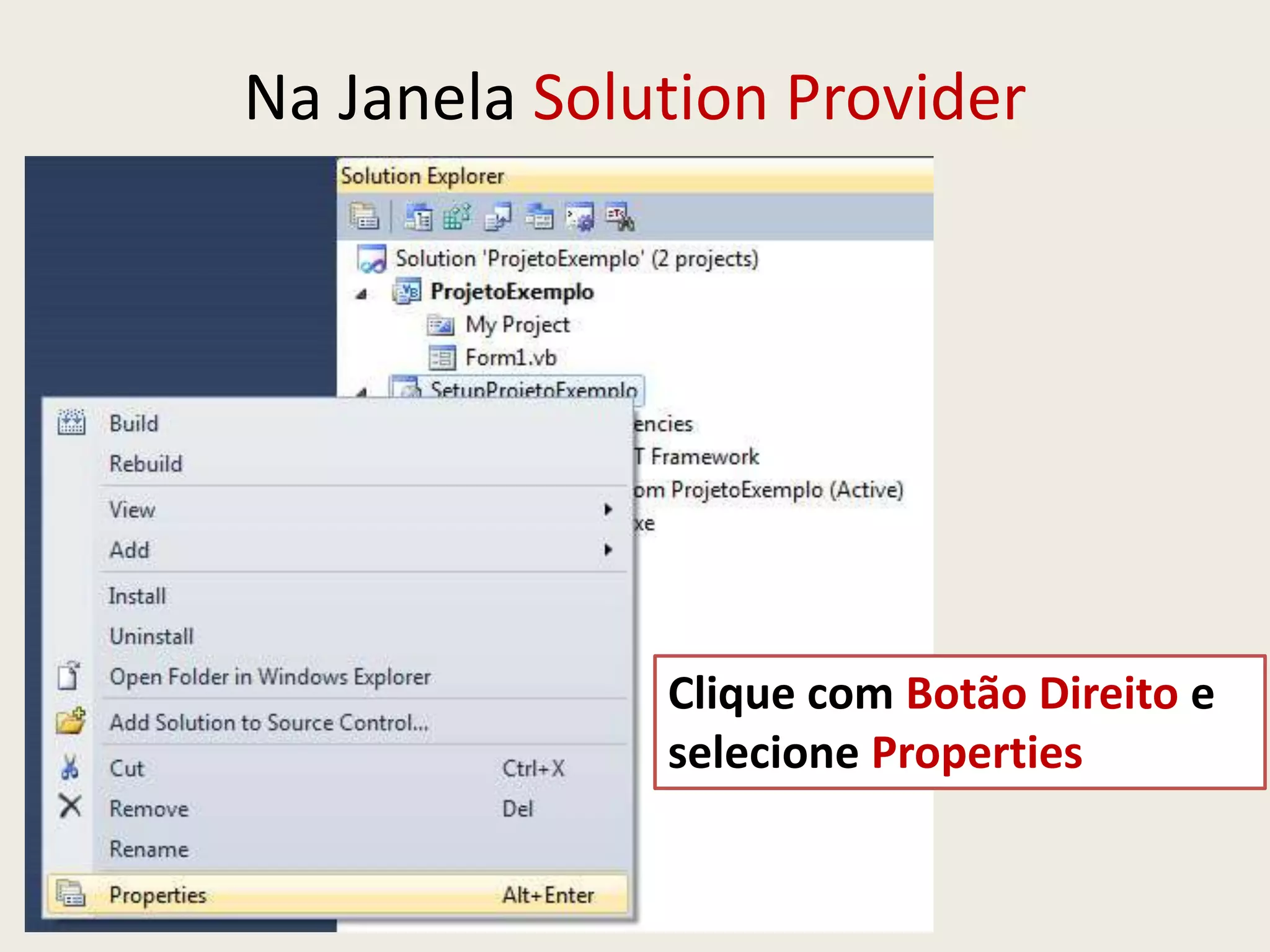 Na Janela Solution Provider
Clique com Botão Direito e
selecione Properties
 