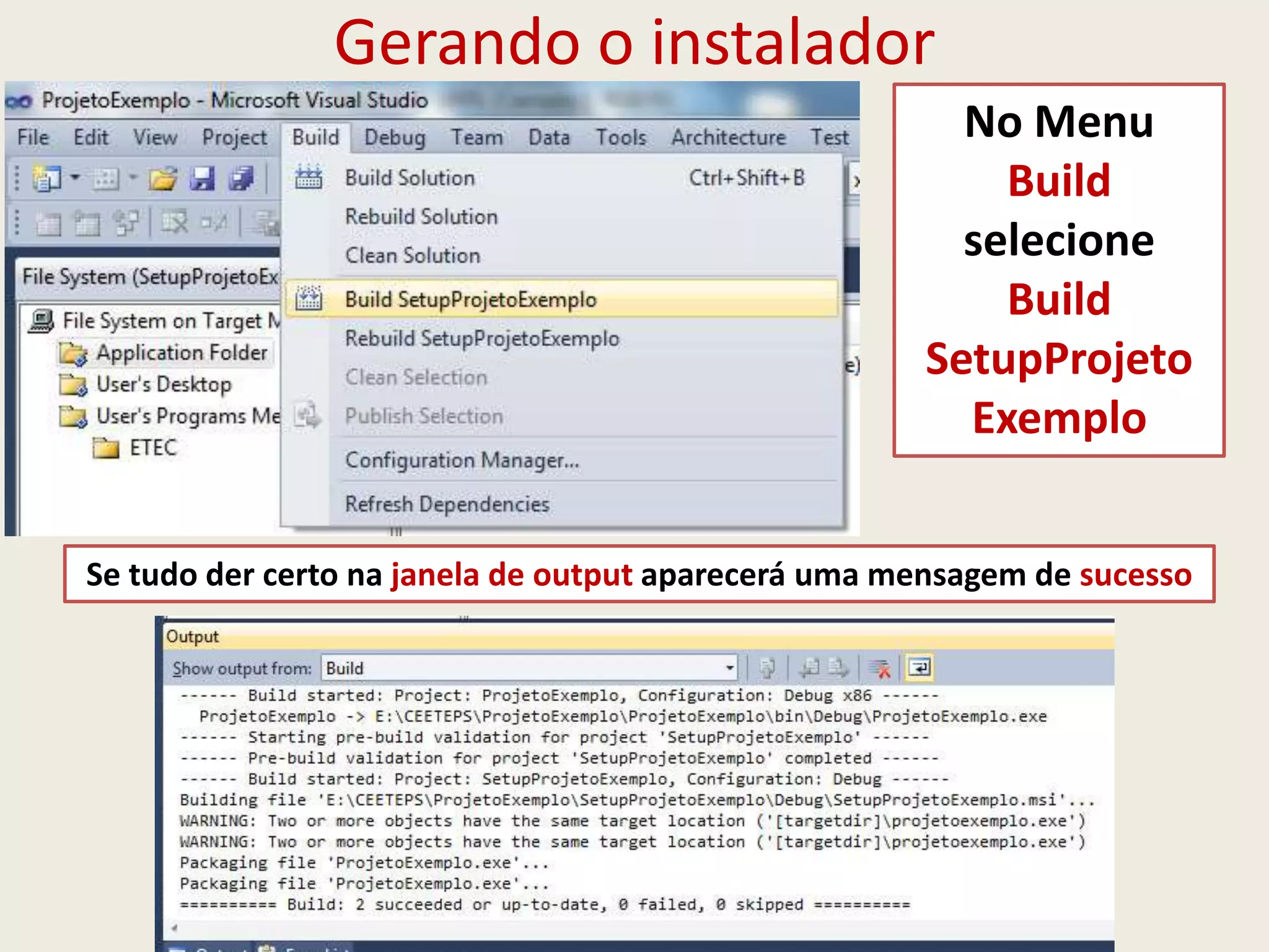 Gerando o instalador
No Menu
Build
selecione
Build
SetupProjeto
Exemplo
Se tudo der certo na janela de output aparecerá uma mensagem de sucesso
 
