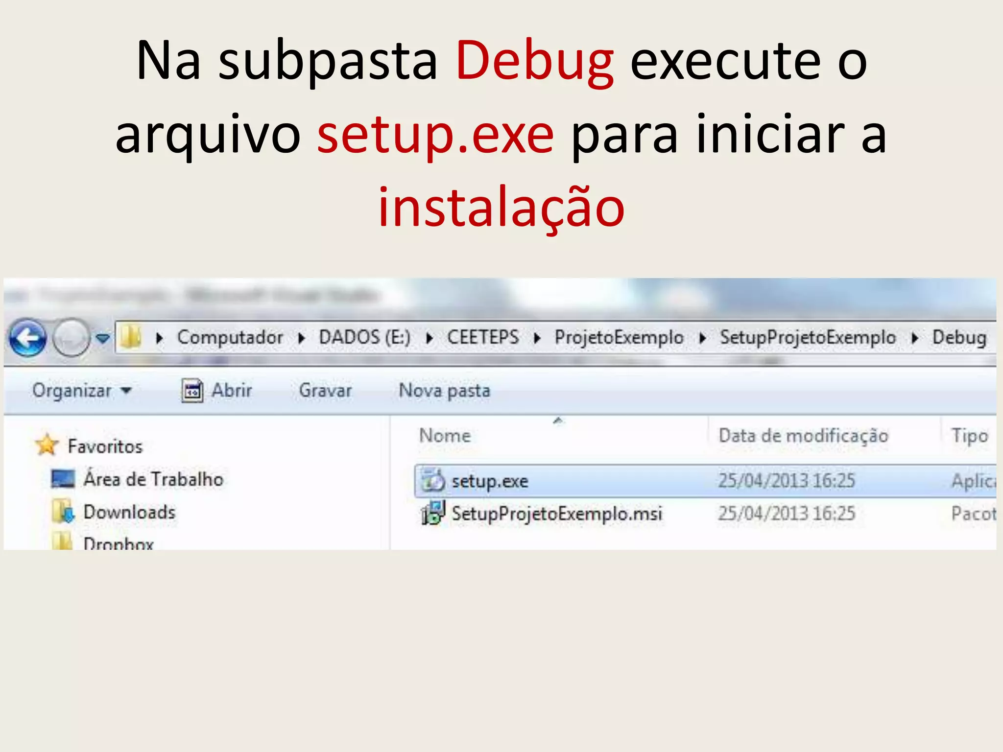 Na subpasta Debug execute o
arquivo setup.exe para iniciar a
instalação
 