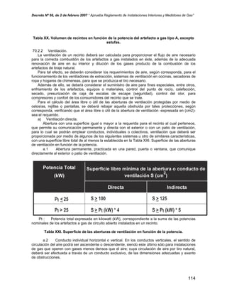 Decreto Nº 66, de 2 de febrero 2007 “ Aprueba Reglamento de Instalaciones Interiores y Medidores de Gas”
Tabla XX. Volumen de recintos en función de la potencia del artefacto a gas tipo A, excepto
estufas.
70.2.2 Ventilación.
La ventilación de un recinto deberá ser calculada para proporcionar el flujo de aire necesario
para la correcta combustión de los artefactos a gas instalados en éste, además de la adecuada
renovación de aire en su interior y dilución de los gases producto de la combustión de los
artefactos de tiraje natural.
Para tal efecto, se deberán considerar los requerimientos de aire, según corresponda, para el
funcionamiento de los ventiladores de extracción, sistemas de ventilación en cocinas, secadoras de
ropa y hogares de chimeneas, para que se produzca el tiro necesario.
Además de ello, se deberá considerar el suministro de aire para fines especiales, entre otros,
enfriamiento de los artefactos, equipos o materiales, control del punto de rocío, calefacción,
secado, presurización de caja de escalas de escape (seguridad), control del olor, para
compresores y confort de los consumidores del recinto que se trate.
Para el cálculo del área libre o útil de las aberturas de ventilación protegidas por medio de
celosías, rejillas o pantallas, se deberá rebajar aquella obstruida por tales protecciones, según
corresponda, verificando que el área libre o útil de la abertura de ventilación -expresada en (cm2)-
sea el requerido.
a) Ventilación directa.
Abertura con una superficie igual o mayor a la requerida para el recinto al cual pertenece,
que permite su comunicación permanente y directa con el exterior o con un patio de ventilación,
para lo cual se podrán emplear conductos, individuales o colectivos, ventilación que deberá ser
proporcionada por medio de algunos de los siguientes sistemas u otro de similares características,
con una superficie libre total de al menos la establecida en la Tabla XXI. Superficie de las aberturas
de ventilación en función de la potencia.
a.1 Abertura permanente, practicada en una pared, puerta o ventana, que comunique
directamente al exterior o patio de ventilación.
Pt : Potencia total expresada en kilowatt (kW), correspondiente a la suma de las potencias
nominales de los artefactos a gas de circuito abierto instalados en un recinto.
Tabla XXI. Superficie de las aberturas de ventilación en función de la potencia.
a.2 Conducto individual horizontal o vertical. En los conductos verticales, el sentido de
circulación del aire podrá ser ascendente o descendente, siendo este último sólo para instalaciones
de gas que operen con gases menos densos que el aire; cuya circulación de aire por tiro natural,
deberá ser efectuada a través de un conducto exclusivo, de las dimensiones adecuadas y exento
de obstrucciones.
114
 