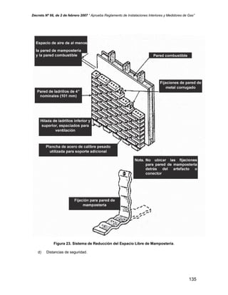 Decreto Nº 66, de 2 de febrero 2007 “ Aprueba Reglamento de Instalaciones Interiores y Medidores de Gas”
Figura 23. Sistema de Reducción del Espacio Libre de Mampostería.
d) Distancias de seguridad.
135
 