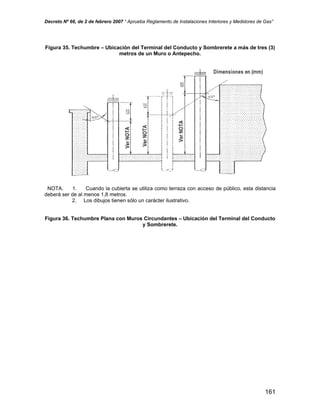 Decreto Nº 66, de 2 de febrero 2007 “ Aprueba Reglamento de Instalaciones Interiores y Medidores de Gas”
Figura 35. Techumbre – Ubicación del Terminal del Conducto y Sombrerete a más de tres (3)
metros de un Muro o Antepecho.
NOTA. 1. Cuando la cubierta se utiliza como terraza con acceso de público, esta distancia
deberá ser de al menos 1,8 metros.
2. Los dibujos tienen sólo un carácter ilustrativo.
Figura 36. Techumbre Plana con Muros Circundantes – Ubicación del Terminal del Conducto
y Sombrerete.
161
 