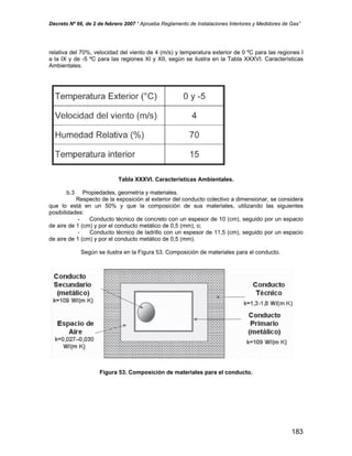 Decreto Nº 66, de 2 de febrero 2007 “ Aprueba Reglamento de Instalaciones Interiores y Medidores de Gas”
relativa del 70%, velocidad del viento de 4 (m/s) y temperatura exterior de 0 ºC para las regiones I
a la IX y de -5 ºC para las regiones XI y XII, según se ilustra en la Tabla XXXVI. Características
Ambientales.
Tabla XXXVI. Características Ambientales.
b.3 Propiedades, geometría y materiales.
Respecto de la exposición al exterior del conducto colectivo a dimensionar, se considera
que lo está en un 50% y que la composición de sus materiales, utilizando las siguientes
posibilidades:
- Conducto técnico de concreto con un espesor de 10 (cm), seguido por un espacio
de aire de 1 (cm) y por el conducto metálico de 0,5 (mm), o;
- Conducto técnico de ladrillo con un espesor de 11,5 (cm), seguido por un espacio
de aire de 1 (cm) y por el conducto metálico de 0,5 (mm).
Según se ilustra en la Figura 53. Composición de materiales para el conducto.
Figura 53. Composición de materiales para el conducto.
183
 
