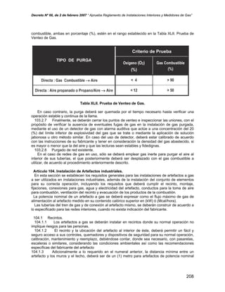 Decreto Nº 66, de 2 de febrero 2007 “ Aprueba Reglamento de Instalaciones Interiores y Medidores de Gas”
combustible, ambas en porcentaje (%), estén en el rango establecido en la Tabla XLII. Prueba de
Venteo de Gas.
Tabla XLII. Prueba de Venteo de Gas.
En caso contrario, la purga deberá ser quemada por el tiempo necesario hasta verificar una
operación estable y continua de la llama.
103.2.7 Finalmente, se deberán cerrar los puntos de venteo e inspeccionar las uniones, con el
propósito de verificar la ausencia de eventuales fugas de gas en la instalación de gas purgada,
mediante el uso de un detector de gas con alarma auditiva que actúe a una concentración del 20
(%) del límite inferior de explosividad del gas que se trate o mediante la aplicación de solución
jabonosa u otro método similar. En caso del uso de detector, deberá estar calibrado de acuerdo
con las instrucciones de su fabricante y tener en consideración la densidad del gas abastecido, si
es mayor o menor que la del aire y que las lecturas sean estables y fidedignas.
103.2.8 Purgado de red existente.
En el caso de redes de gas en uso, sólo se deberá emplear gas inerte para purgar el aire al
interior de sus tuberías, el que posteriormente deberá ser desplazado con el gas combustible a
utilizar, de acuerdo al procedimiento anteriormente descrito.
Artículo 104. Instalación de Artefactos industriales.
En esta sección se establecen los requisitos generales para las instalaciones de artefactos a gas
a ser utilizados en instalaciones industriales, además de la instalación del conjunto de elementos
para su correcta operación, incluyendo los requisitos que deberá cumplir el recinto, montaje,
fijaciones, conexiones para gas, agua y electricidad del artefacto, conductos para la toma de aire
para combustión, ventilación del recinto y evacuación de los productos de la combustión.
La potencia nominal de un artefacto a gas se deberá expresar como el flujo máximo de gas de
alimentación al artefacto medido en su contenido calórico superior en (kW) ó (Mcal/hora).
Las tuberías del tren de gas y de conexión al artefacto mismo, se deberán construir de acuerdo a
lo especificado para las redes interiores, cuando no exista indicación del fabricante.
104.1 Recintos.
104.1.1 Los artefactos a gas se deberán instalar en recintos donde su normal operación no
implique riesgos para las personas.
104.1.2 El recinto y la ubicación del artefacto al interior de éste, deberá permitir un fácil y
seguro acceso a sus controles, quemadores y dispositivos de seguridad para su normal operación,
calibración, mantenimiento y reemplazo, debiéndose contar, donde sea necesario, con pasarelas,
escaleras o similares, considerando las condiciones ambientales así como las recomendaciones
específicas del fabricante del artefacto
104.1.3 Adicionalmente a lo requerido en el numeral anterior, la distancia mínima entre un
artefacto y los muros y el techo, deberá ser de un (1) metro para artefactos de potencia nominal
208
 